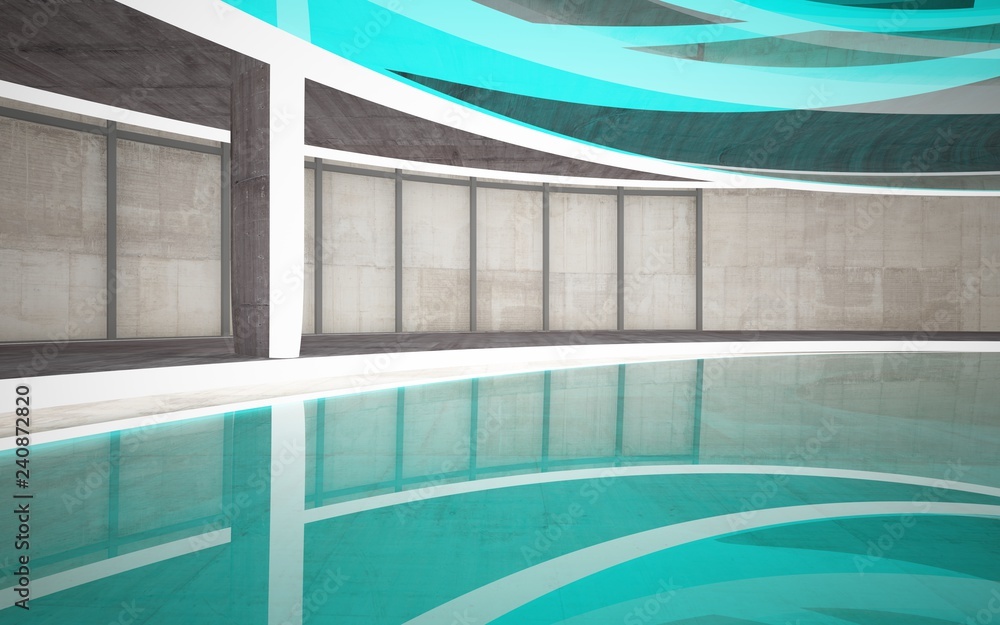 Empty dark abstract concrete, wood and glass room smooth interior. Architectural background. Night view of the illuminated. 3D illustration and rendering Empty dark abstract concrete, wood and glass room smooth interior. Architectural background. Night view of the illuminated. 3D illustration and rendering
