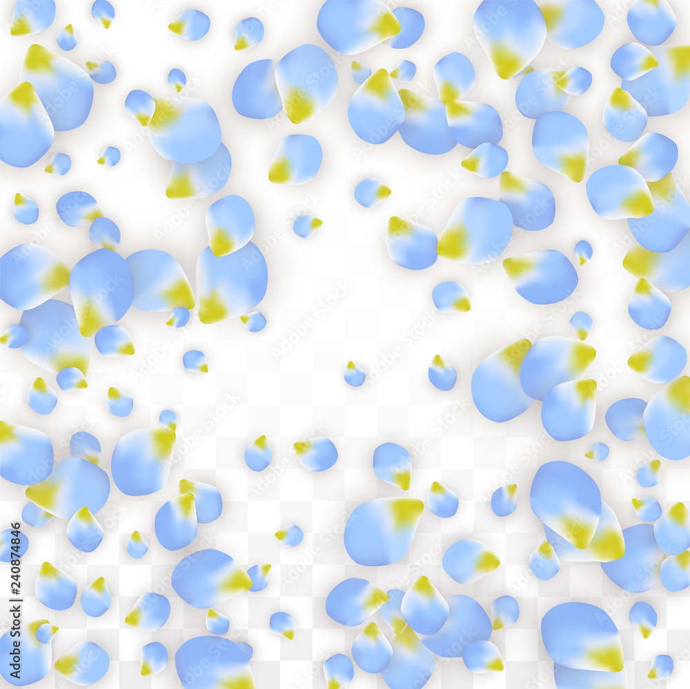 Vector Realistic Blue Petals Falling on Transparent Background. Spring Romantic Flowers Illustration. Flying Petals. Sakura Spa Design. Blossom Confetti. Vector Realistic Blue Petals Falling on Transparent Background. Spring Romantic Flowers Illustration. Flying Petals. Sakura Spa Design. Blossom Confetti.