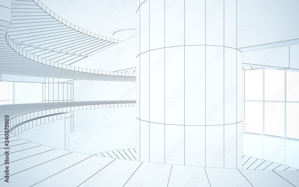 Abstract drawing white interior multilevel public space with window. 3D illustration and rendering. Abstract drawing white interior multilevel public space with window. 3D illustration and rendering.