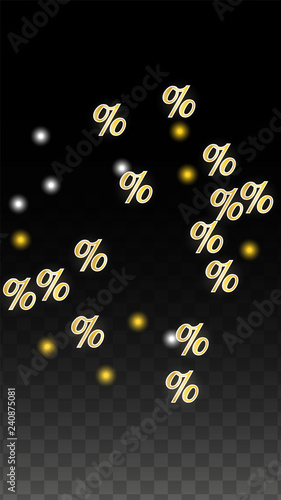 Luxury Vector Gold Percentage Sign Confetti on Transparent. Percent Sale Background. Business, Economics Print. Discount Illustration. Promotion Poster. Black Friday Banner. Special offer Template.