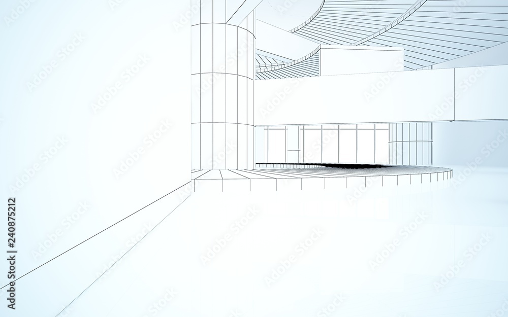 Abstract drawing white interior multilevel public space with window. 3D illustration and rendering. Abstract drawing white interior multilevel public space with window. 3D illustration and rendering.