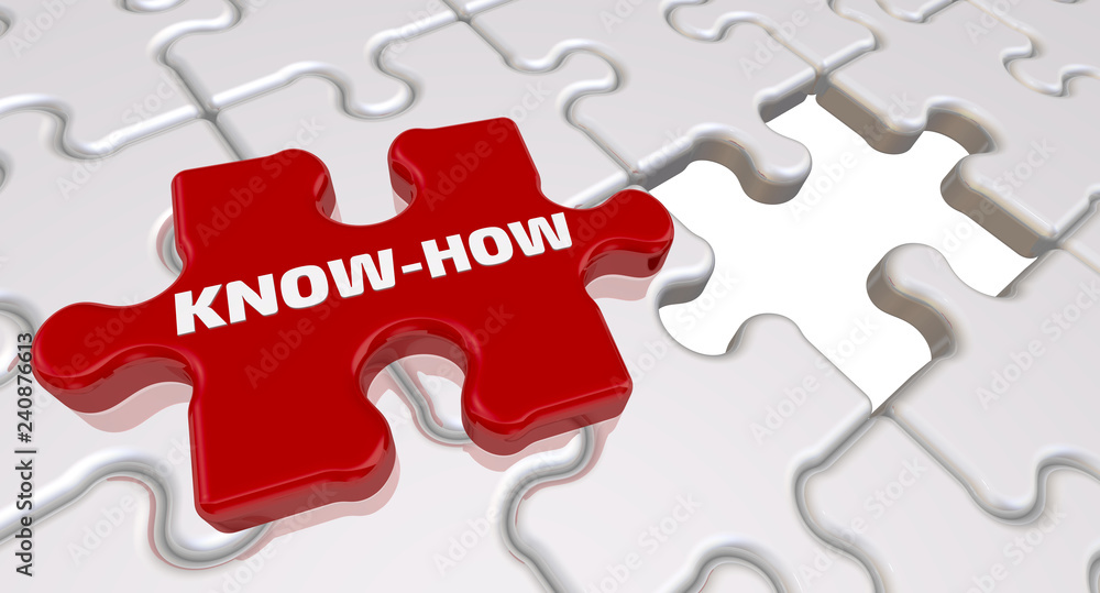Know-how. The inscription on the missing element of the puzzle. Folded white puzzles elements and one red with word KNOW-HOW. 3D Illustration Know-how. The inscription on the missing element of the puzzle. Folded white puzzles elements and one red with word KNOW-HOW. 3D Illustration