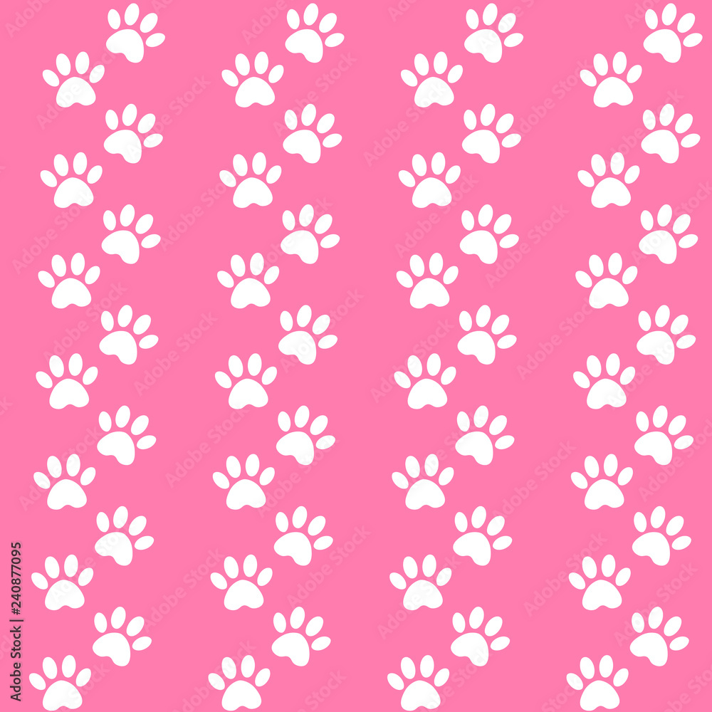 Traces of cat textile pattern. Vector seamless paw print seamless pattern. pink background for packing design