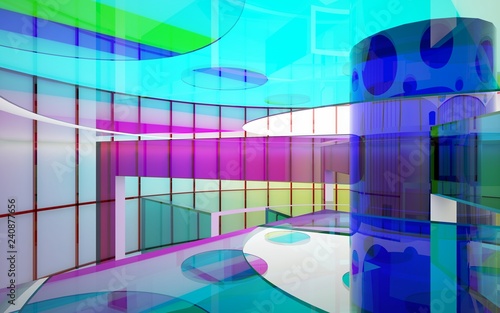 Abstract white and colored gradient glasses interior multilevel public space with window. 3D illustration and rendering.