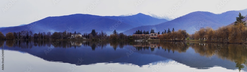 Mountain landscape panorama. Lake Lopota in Georgia.