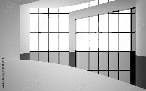 Abstract white and black interior multilevel public space with window. 3D illustration and rendering.