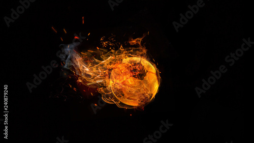 Close-up soccer ball in fire on dark background. The football, sport, goal, game, speed concept