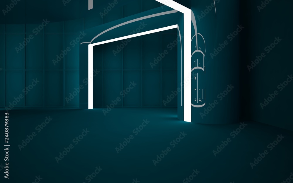 Abstract dark interior multilevel public space with neon lighting. 3D illustration and rendering Abstract dark interior multilevel public space with neon lighting. 3D illustration and rendering