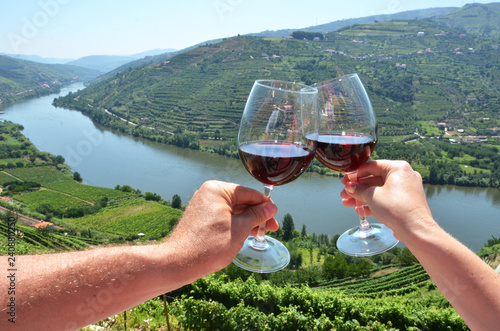 Wine glasses against vineyards in Douro Valley, Portugal