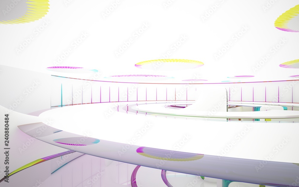 Fototapeta premium Abstract white and colored gradient glasses interior multilevel public space with window. 3D illustration and rendering.