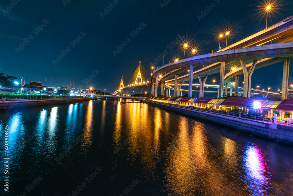 Bhumibol Bridge in Thailand, also known as the Industrial Ring Road Bridge in Thailand. Bridge over the Chao Phraya River twice