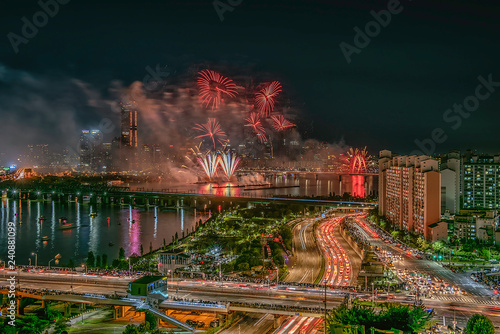 Fireworks Festival and Seoul City, South Korea. photo