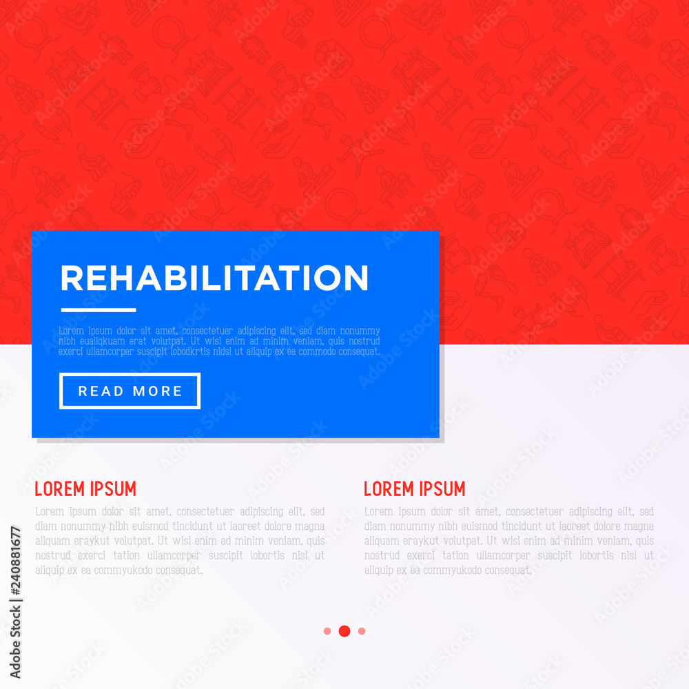 Obraz premium Rehabilitation for disabled concept with thin line icons: magnetic therapy, laser, massage, lymphatic drainage, exoskeleton, cryotherapy, suspension system. Vector illustration, web page template.
