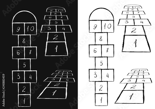 Bright hopscotch template. Vector illustration. Black on white, white on black