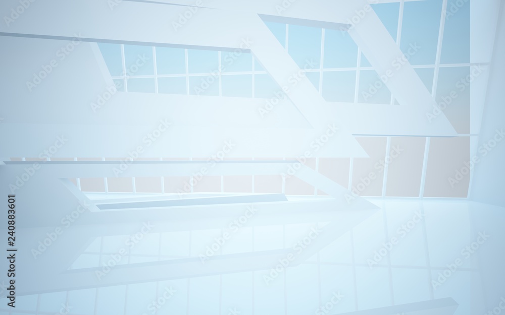Abstract white interior multilevel public space with window. 3D illustration and rendering. Abstract white interior multilevel public space with window. 3D illustration and rendering.