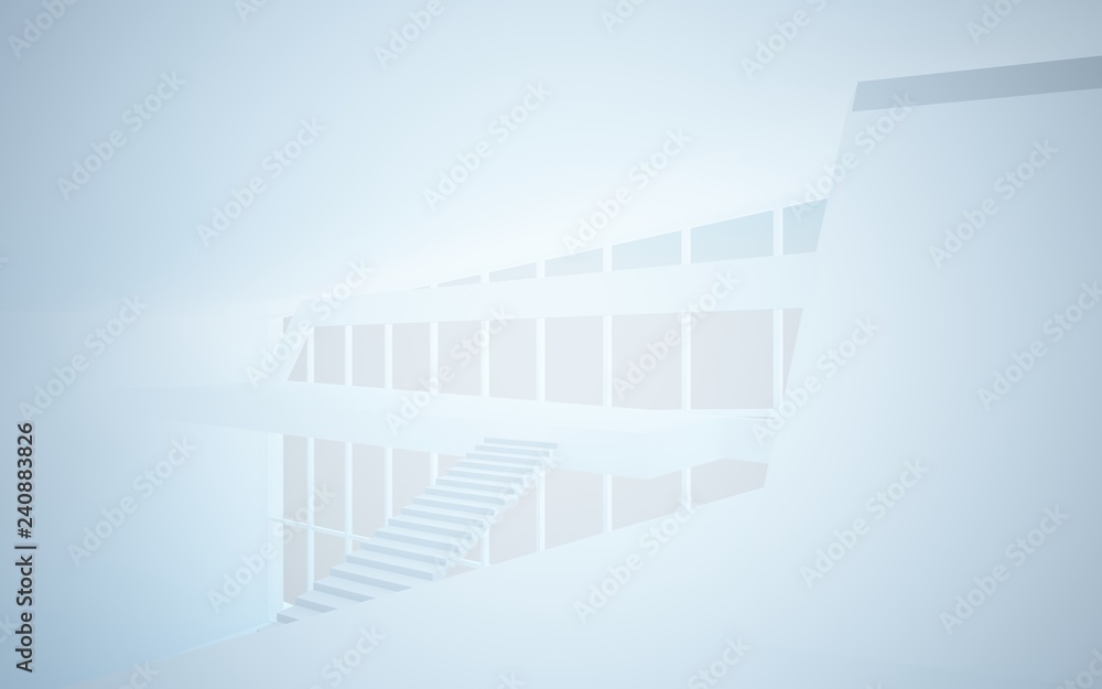 Abstract white interior multilevel public space with window. 3D illustration and rendering.