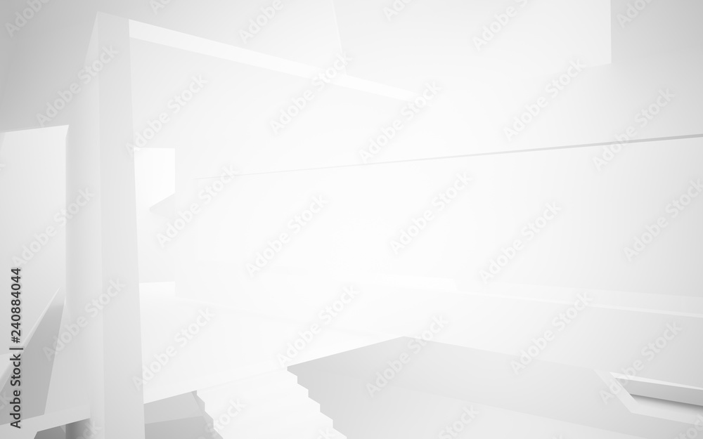 Abstract white interior multilevel public space with window. 3D illustration and rendering.