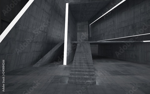 Abstract concrete interior multilevel public space with neon lighting. 3D illustration and rendering.