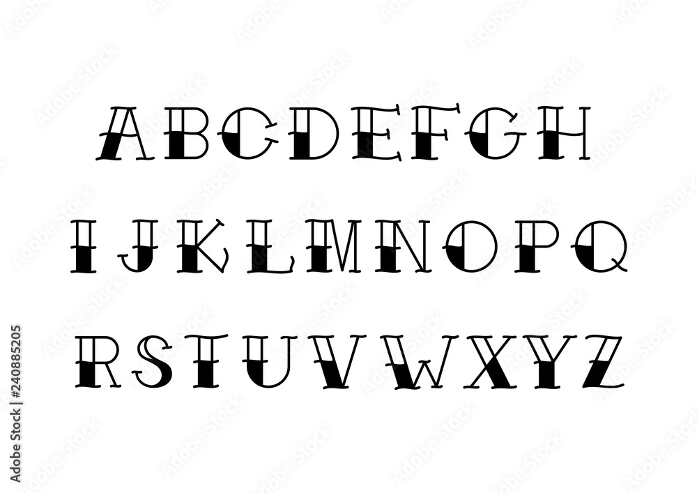 Font In The Style Of The Old School Tattoo Alphabet For Tattoos Contour  Letters With A Fill A Set Of Letters For Tattoos The Flat Vector Letters  Isolated On White Background Stock