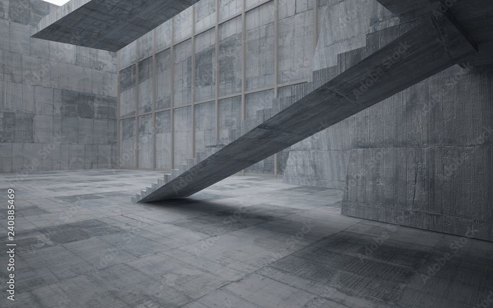 Abstract white and concrete interior multilevel public space with window. 3D illustration and rendering. Abstract white and concrete interior multilevel public space with window. 3D illustration and rendering.