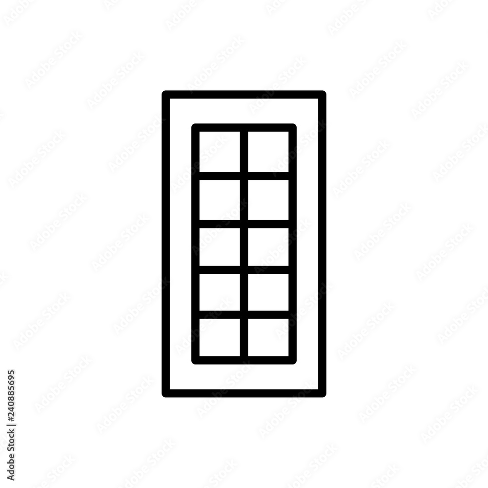Black & white illustration of closed glass door. Vector line icon. Isolated object