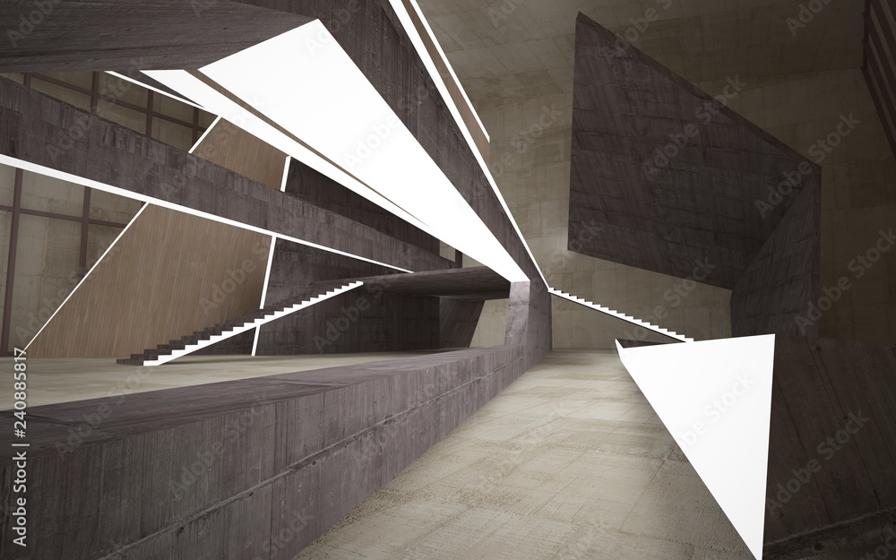 Obraz premium Abstract concrete and wood interior multilevel public space with neon lighting. 3D illustration and rendering.