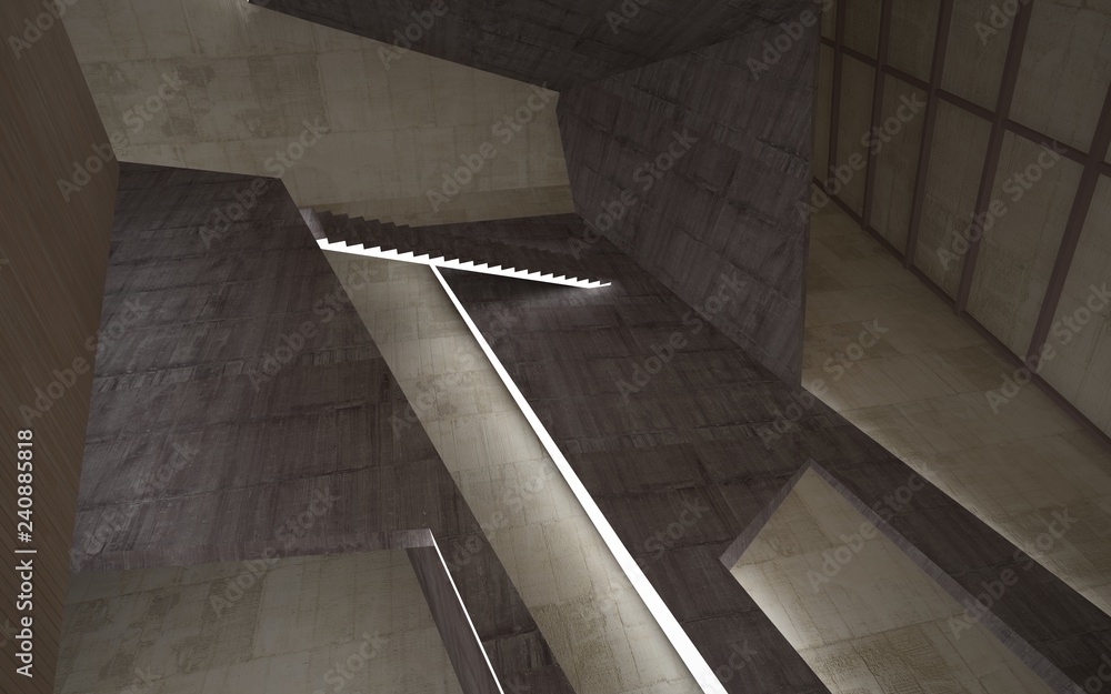 Obraz premium Abstract concrete and wood interior multilevel public space with neon lighting. 3D illustration and rendering.