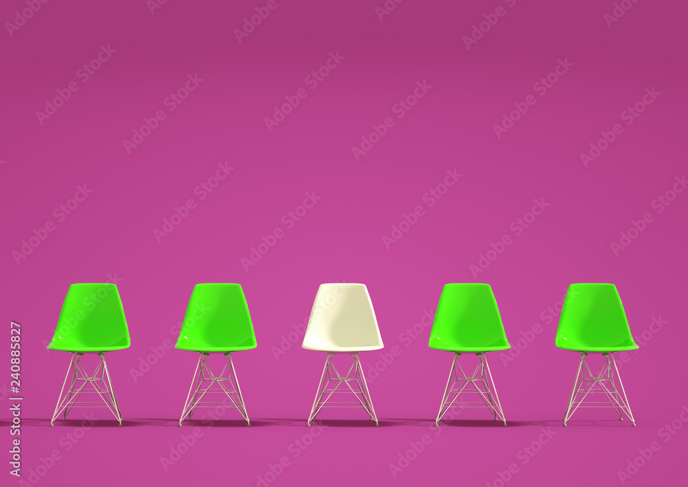 Row of chairs with one odd one out. Job opportunity. Business leadership. recruitment concept. 3D rendering Row of chairs with one odd one out. Job opportunity. Business leadership. recruitment concept. 3D rendering