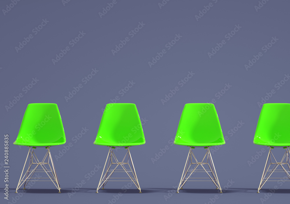 Row of chairs with one odd one out. Job opportunity. Business leadership. recruitment concept. 3D rendering Row of chairs with one odd one out. Job opportunity. Business leadership. recruitment concept. 3D rendering