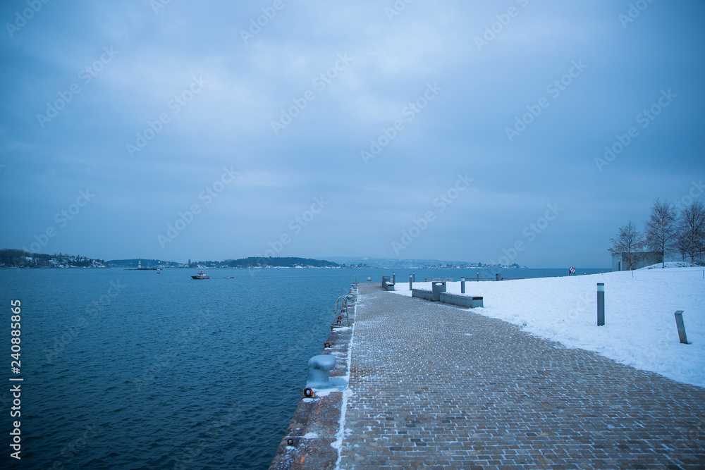 Oslo Norway coast during winter with a large number of docked boats in the center of the city covered with snow