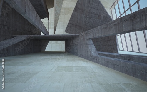 Abstract  concrete and wood interior multilevel public space with window. 3D illustration and rendering.