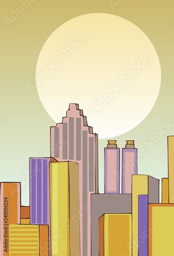 city scene with sun obscured by haze and tall buildings