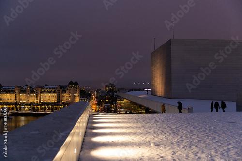 Overlooking the city center of Oslo Norway during the winter all covered with fresh snow during the evening time