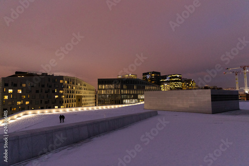 Overlooking the city center of Oslo Norway during the winter all covered with fresh snow during the evening time