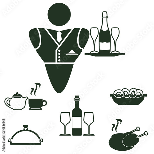 Icon set waiter and dishes with food from a restaurant: wine, champagne, chicken, cookie, tea. Service sign, logo. Classic banner or label for restaurants, cafe and any business.