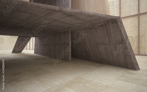 Abstract concrete and wood interior multilevel public space with window. 3D illustration and rendering.