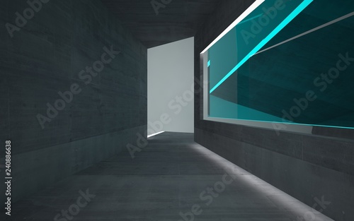 Abstract concrete, wood and blue glass interior multilevel public space with neon lighting. 3D illustration and rendering.