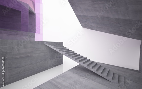 Abstract concrete, wood and pink glass interior multilevel public space with window. 3D illustration and rendering.