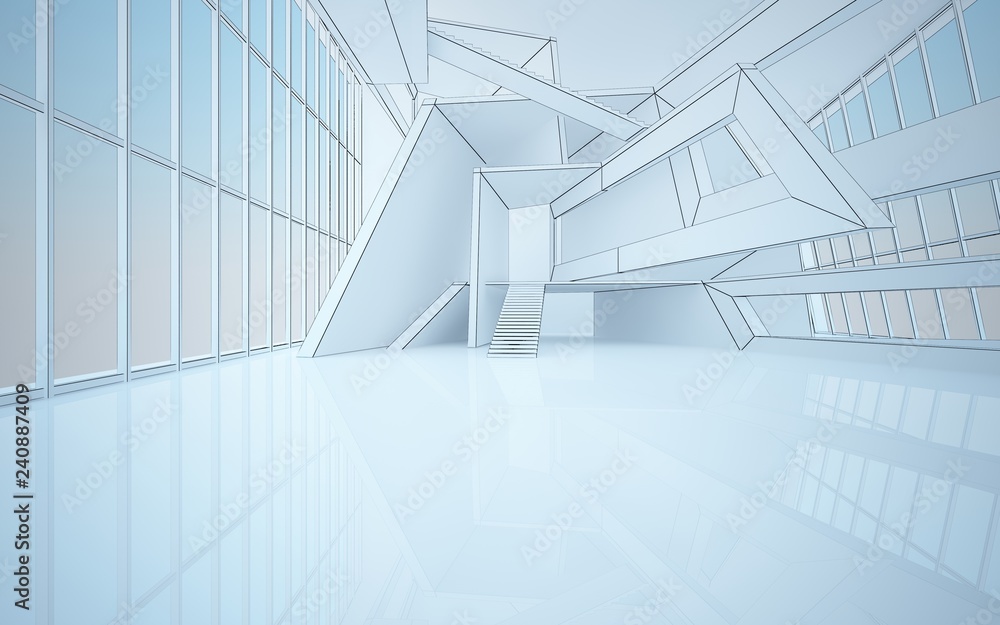 Abstract drawing white interior multilevel public space with window. Polygon black drawing. 3D illustration and rendering. Abstract drawing white interior multilevel public space with window. Polygon black drawing. 3D illustration and rendering.