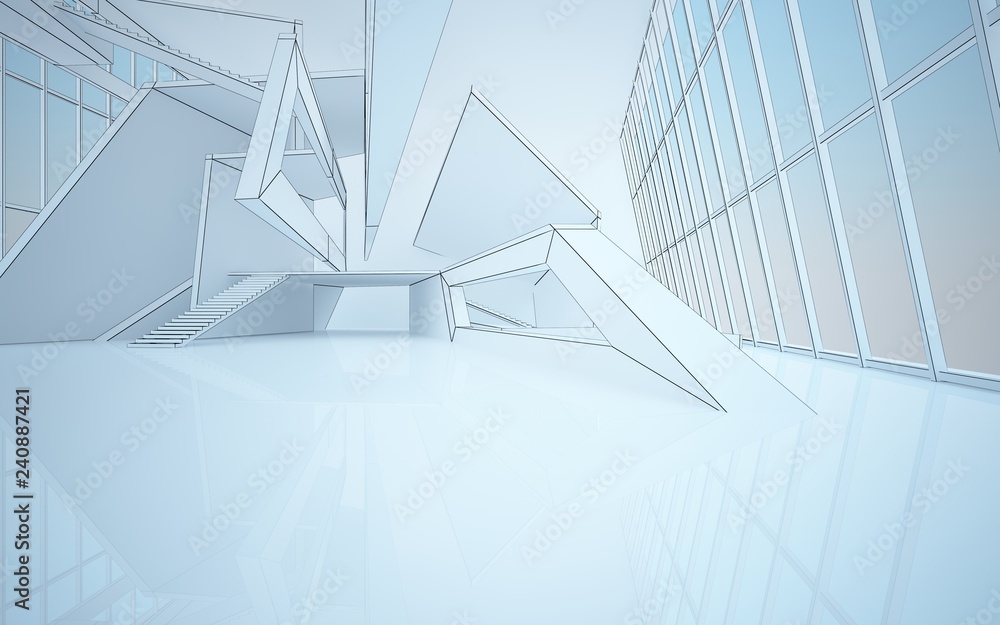 Abstract drawing white interior multilevel public space with window. Polygon black drawing. 3D illustration and rendering. Abstract drawing white interior multilevel public space with window. Polygon black drawing. 3D illustration and rendering.