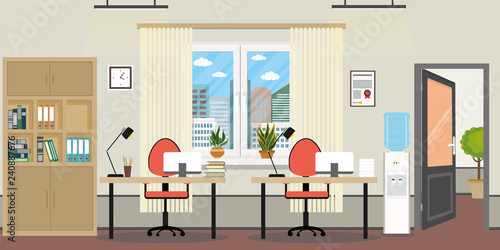 Empty office room,two workplaces,window,open door,flower in pots