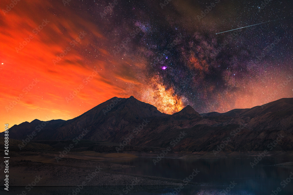 Night landscape, beautiful milky way galaxy and mountain. 