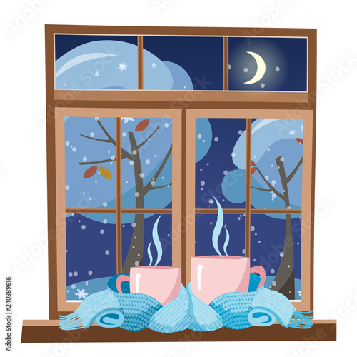 small and big pink mug wrapped in a light blue scarf and standing on the windowsill against the background of winter evening window. mugs tied together warming scarf. Flat cartoon vector illustration