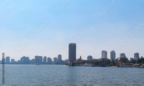 Panorama of the Nile River  view of the Cairo city bridges buildings and pyramids