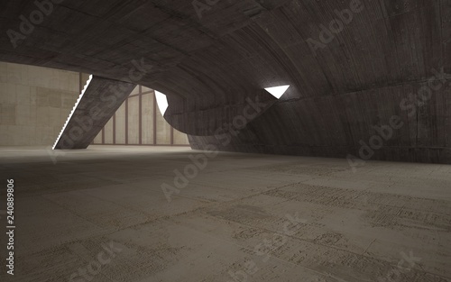 Fototapeta Naklejka Na Ścianę i Meble -  Empty dark abstract concrete and wood room smooth interior. Architectural background. Night view of the illuminated. 3D illustration and rendering