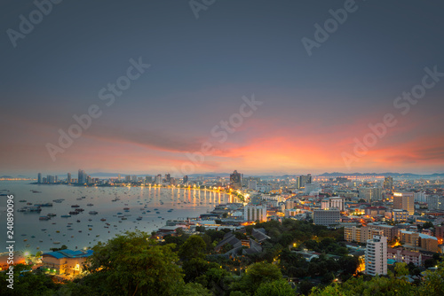 Pattaya City and Sea with suset, Thailand. Pattaya city skyline and pier at sunset in Pattaya Chonburi Thailand © tope007