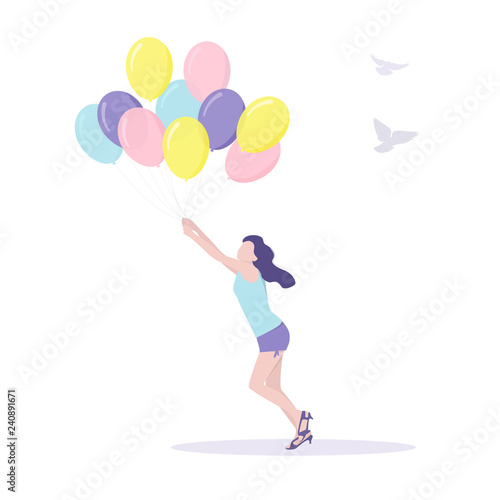  Beautiful young girl holds in her hand a bunch of colorful balloons, vector illustration in flat style.