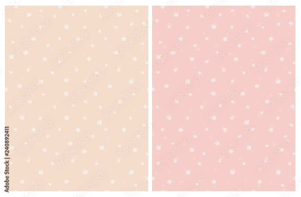 Hand Drawn Flowers Vector Patterns. Light Pink, Cream and White Color Design. Floral Repeatable Patterns. Pastel Colors. Light Pink and Cream Background.