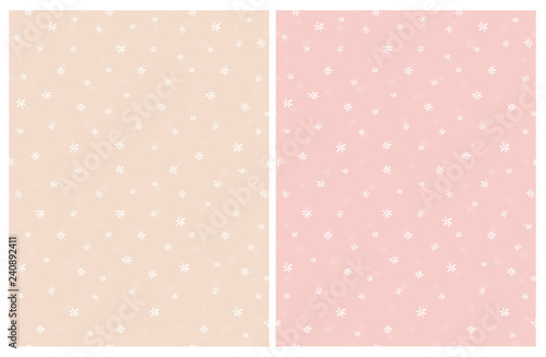 Hand Drawn Flowers Vector Patterns. Light Pink, Cream and White Color Design. Floral Repeatable Patterns. Pastel Colors. Light Pink and Cream Background.