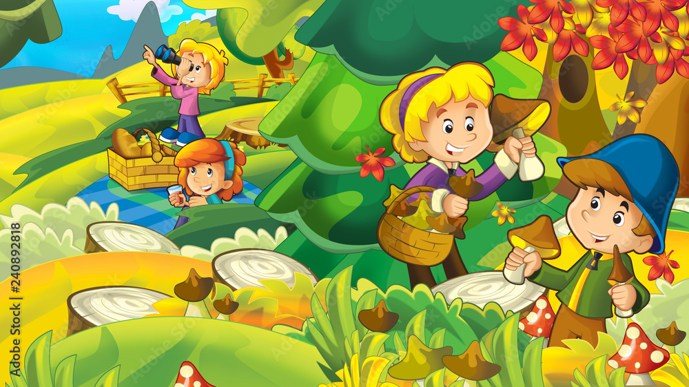 Obraz premium cartoon autumn nature background with girl and boy gathering mushrooms - illustration for children